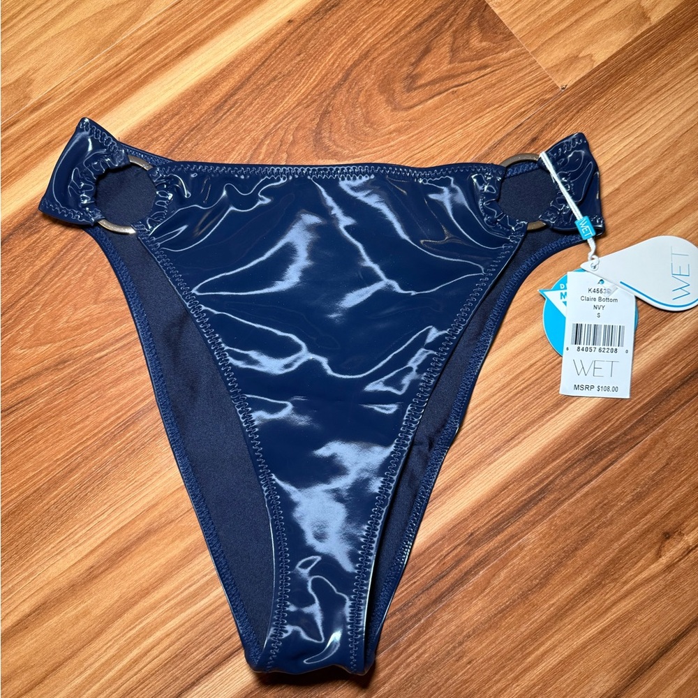 WET Navy Shiny Bikini Bottom with Ring Detail